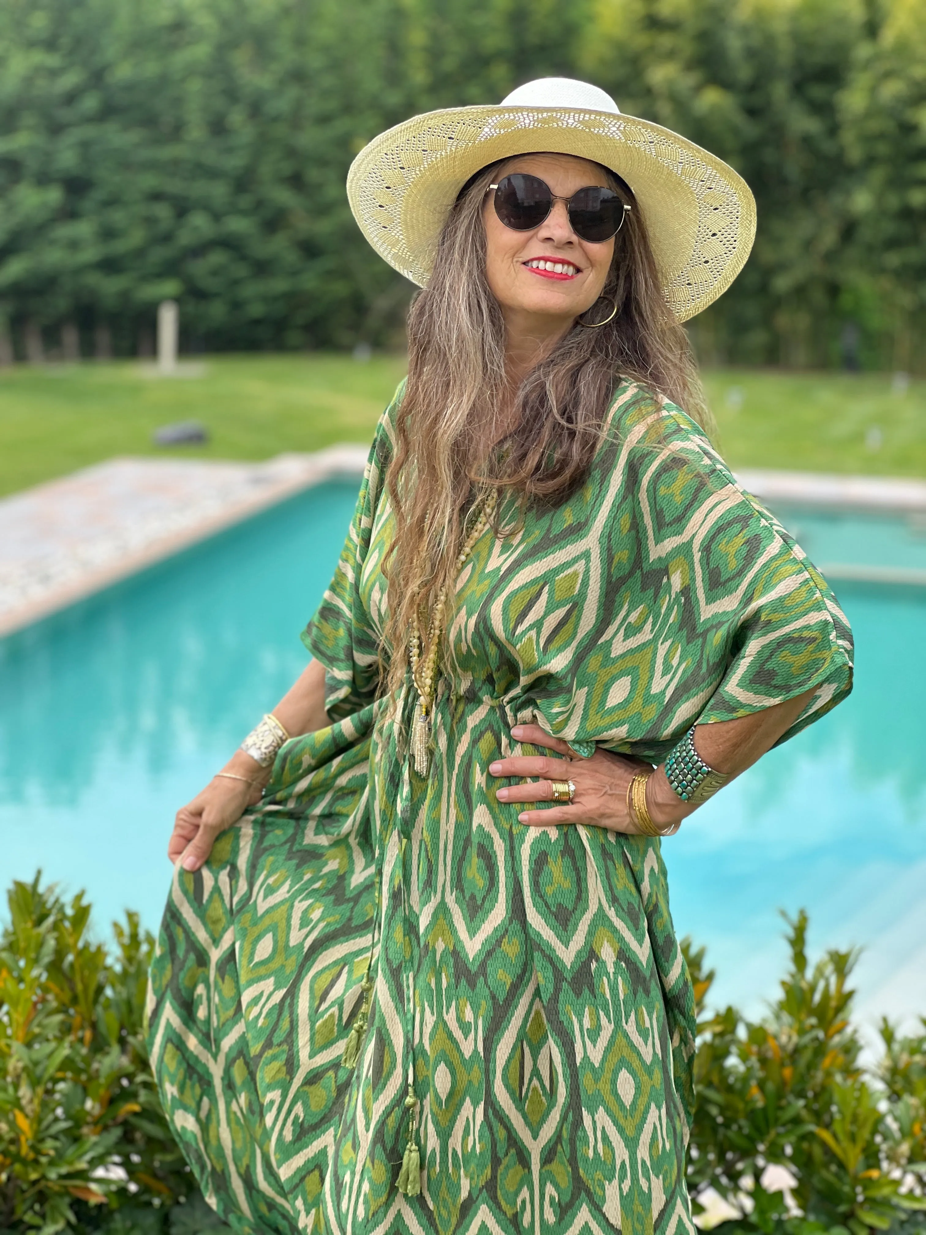 Gallipoli Green Ikat Italian Silk Maxi Kaftan