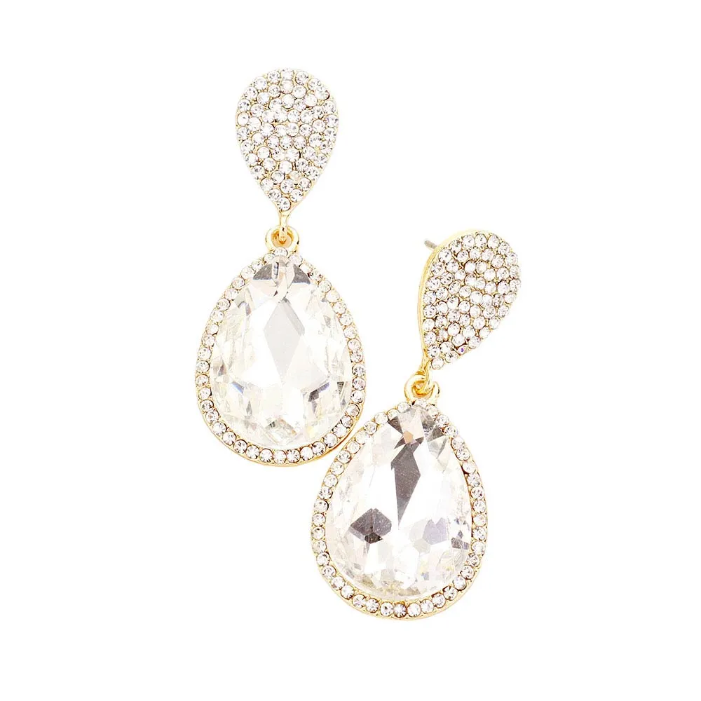 Glass Crystal Teardrop Rhinestone Trim Evening Earrings