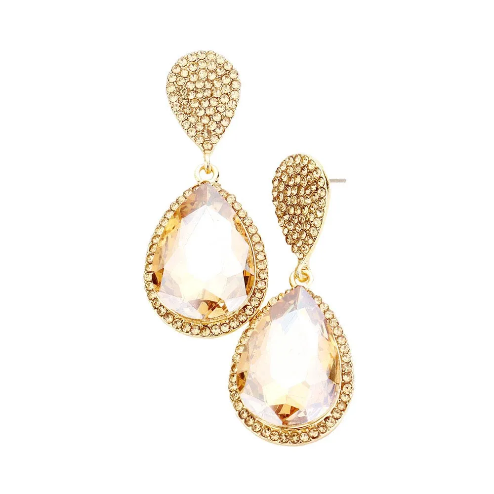 Glass Crystal Teardrop Rhinestone Trim Evening Earrings