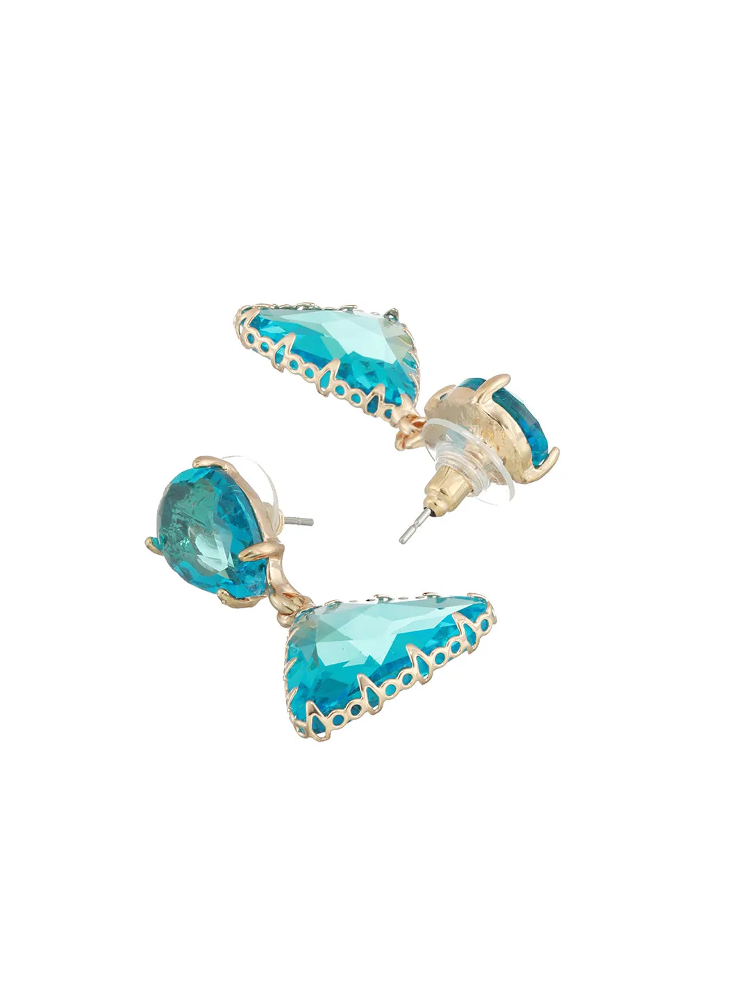 Gold-Plated Teal Colored Transparent Stone Studded Contemporary Tear Drop Earrings