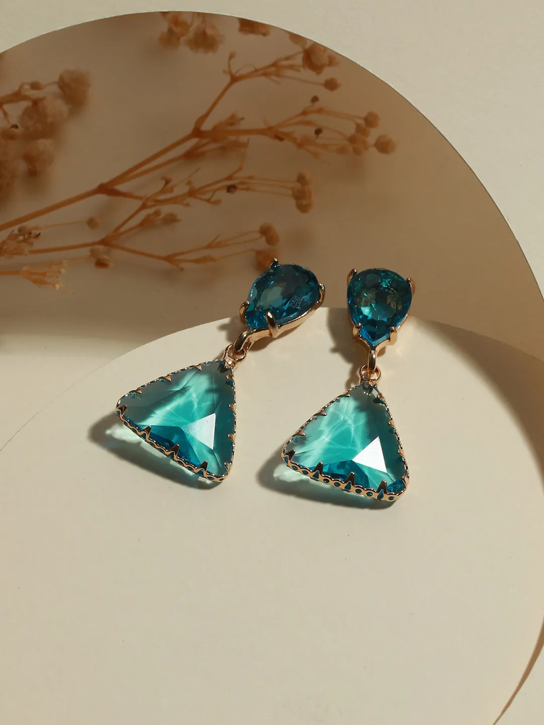 Gold-Plated Teal Colored Transparent Stone Studded Contemporary Tear Drop Earrings