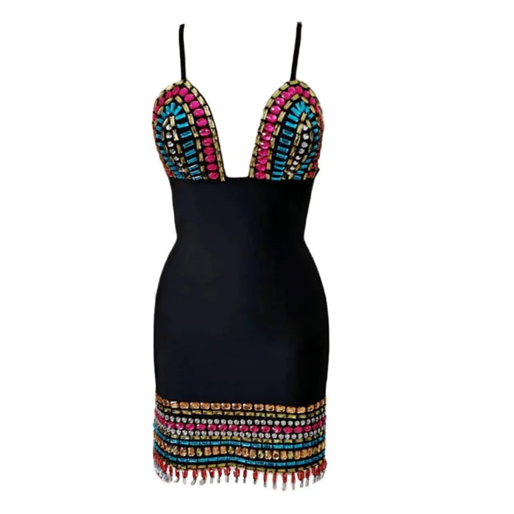 Iridescent Diamante Plunge Neck Cutout Fringe Bodycon Bandage Mini Dress