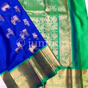 Kanchipuram Pure Silk Handloom Saree in Blue and Green contrast border