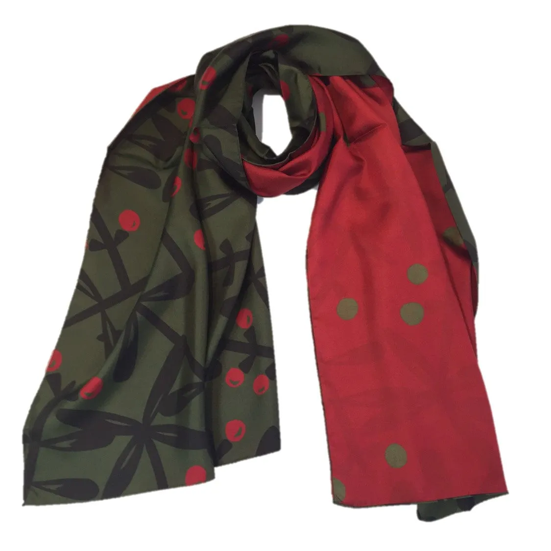 Kibiso Scarf: "Berries&Branches" (Dark Green&Red)