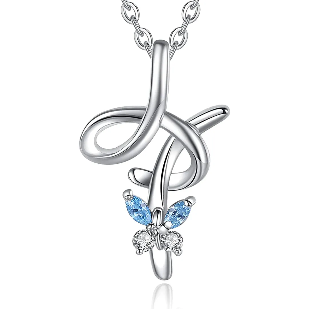 Letter H Cursive Initial Crystal Butterfly Necklace Sterling Silver