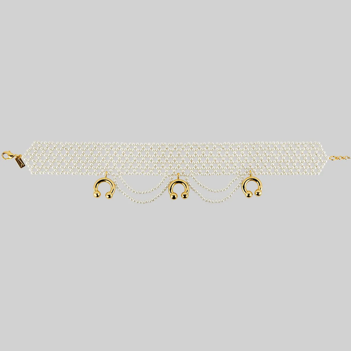 MAGNIFIQUE. Wide Pearl and Barbell Choker - Gold