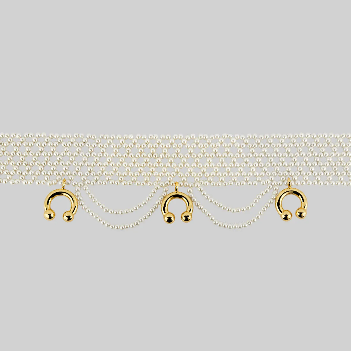 MAGNIFIQUE. Wide Pearl and Barbell Choker - Gold