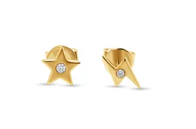 Mini Earrings 14kt Gold Star and Ray Studs with Diamonds