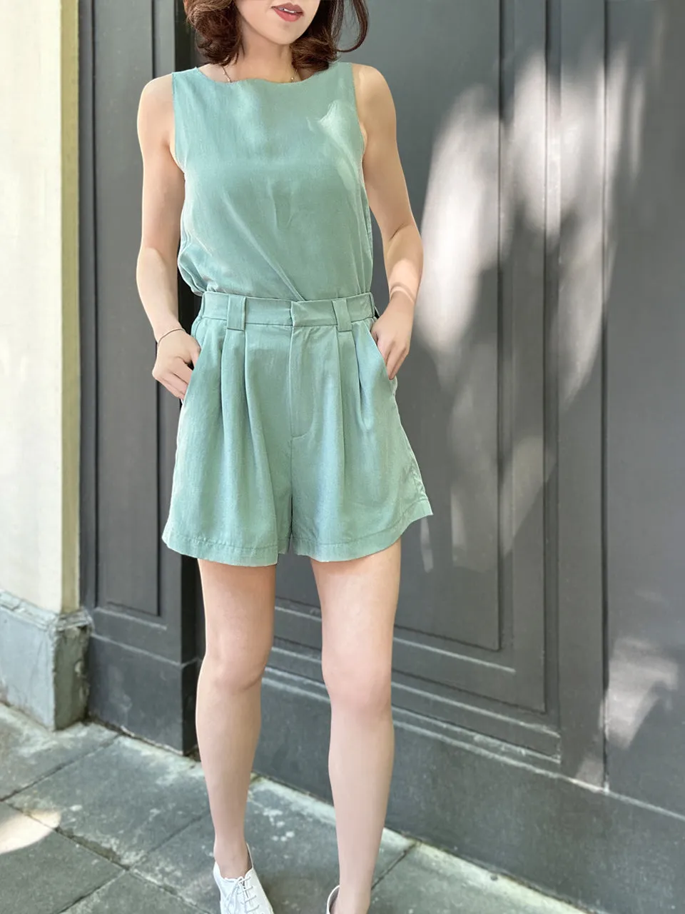 Pastel Green Pleated Detail Breezy Silky Shorts