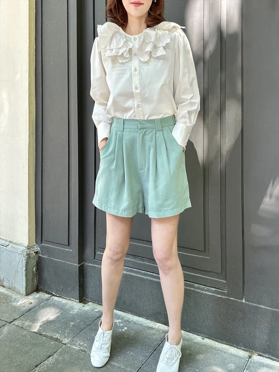 Pastel Green Pleated Detail Breezy Silky Shorts