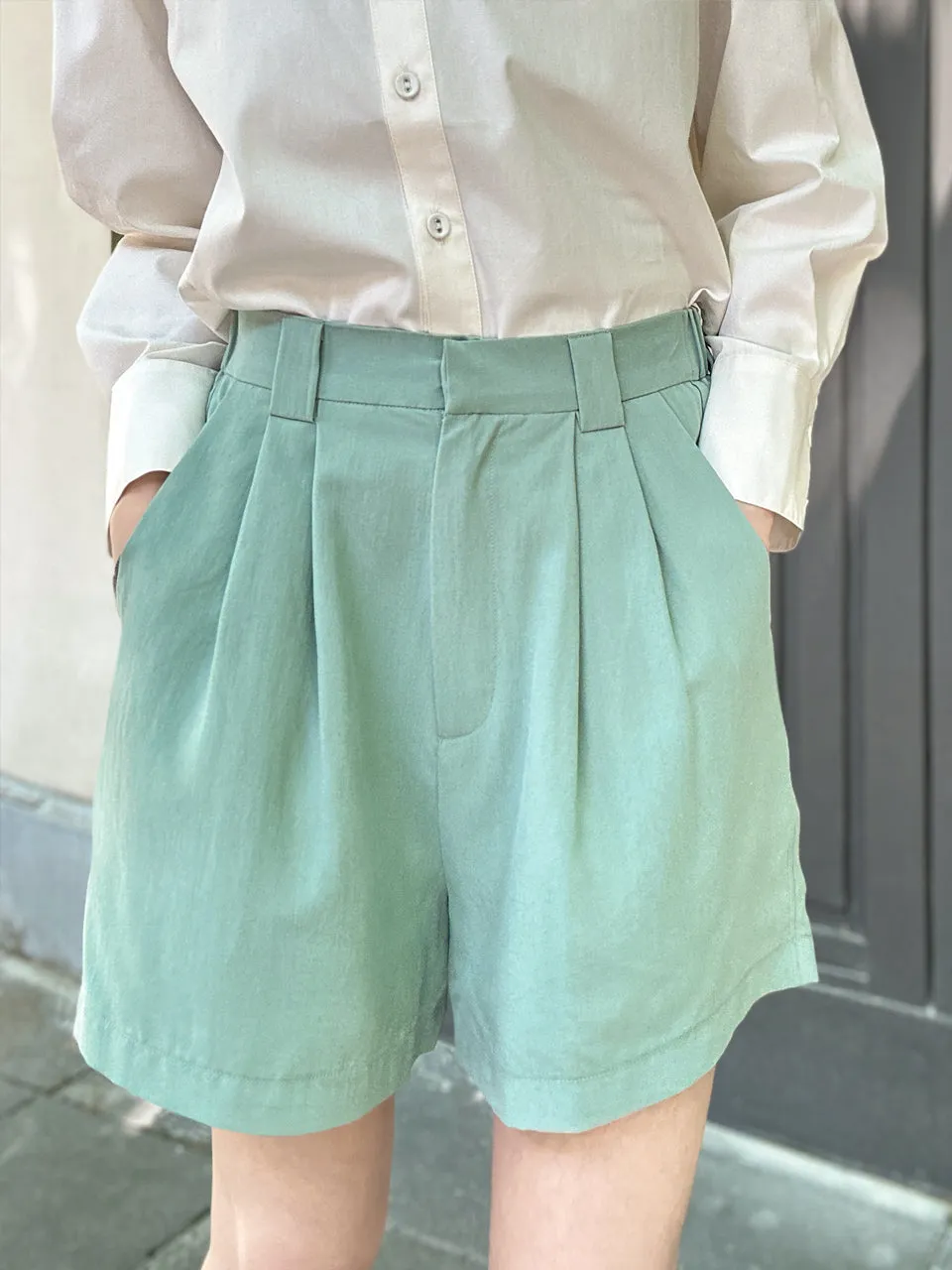 Pastel Green Pleated Detail Breezy Silky Shorts