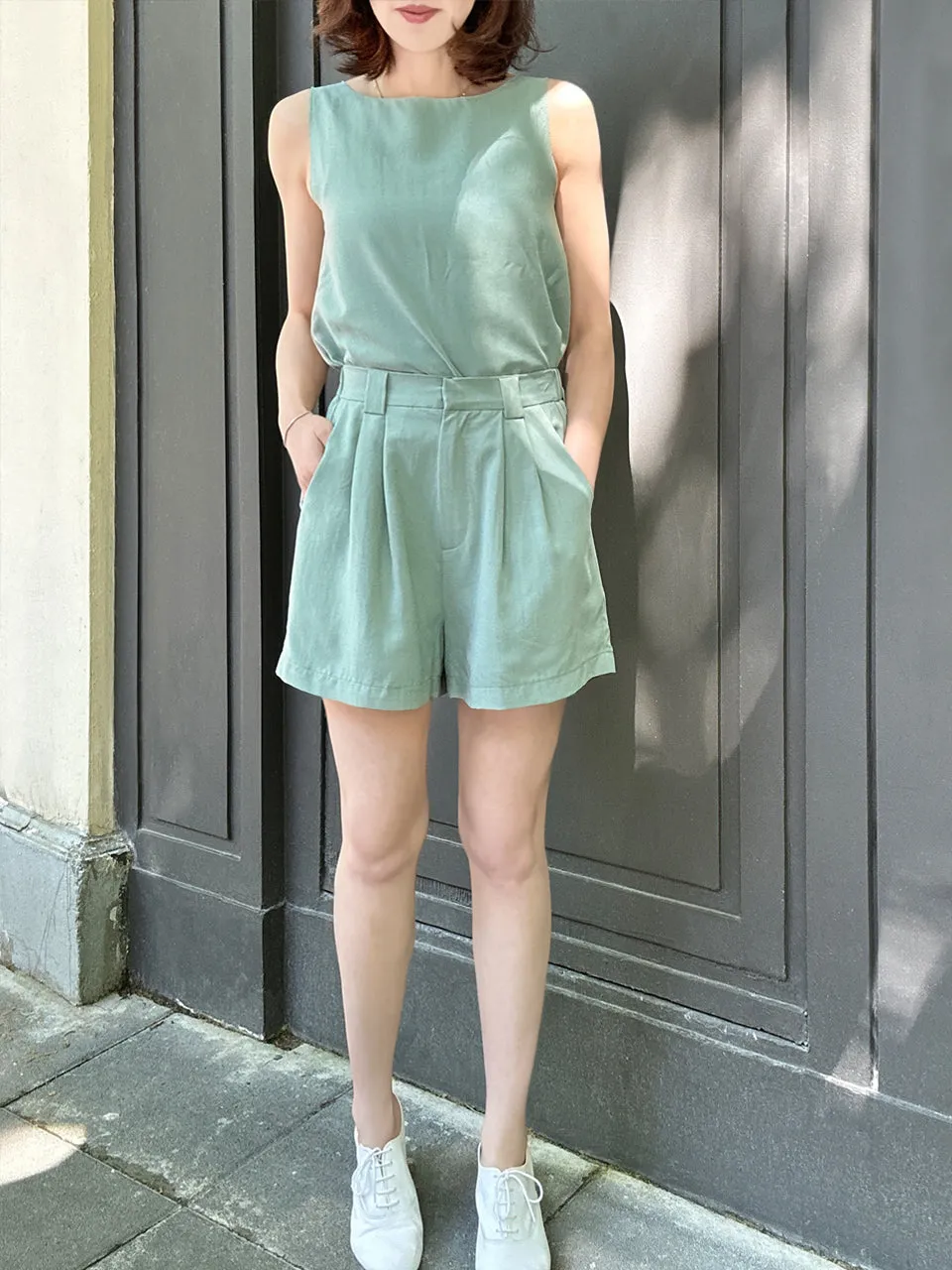 Pastel Green Pleated Detail Breezy Silky Shorts