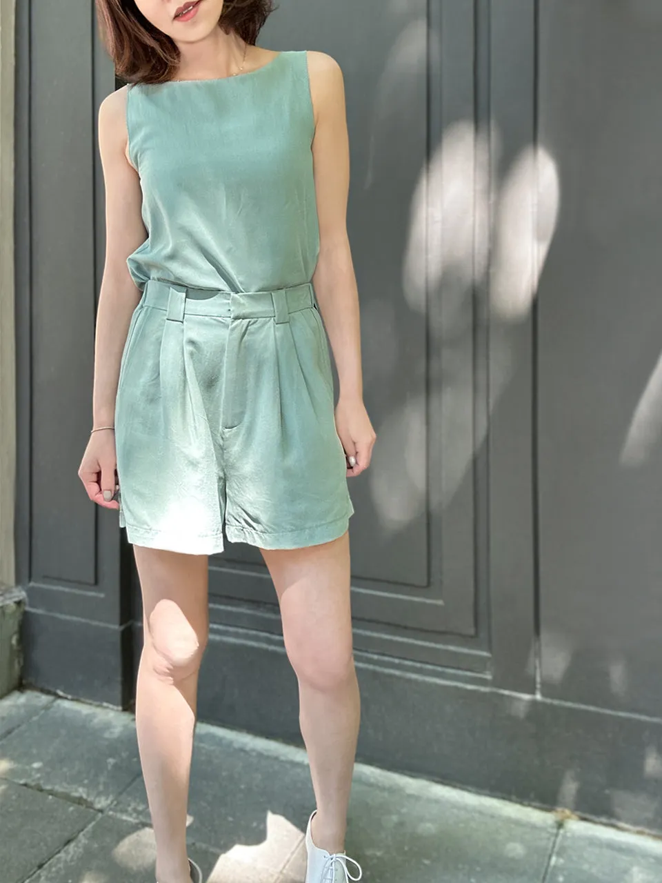 Pastel Green Pleated Detail Breezy Silky Shorts