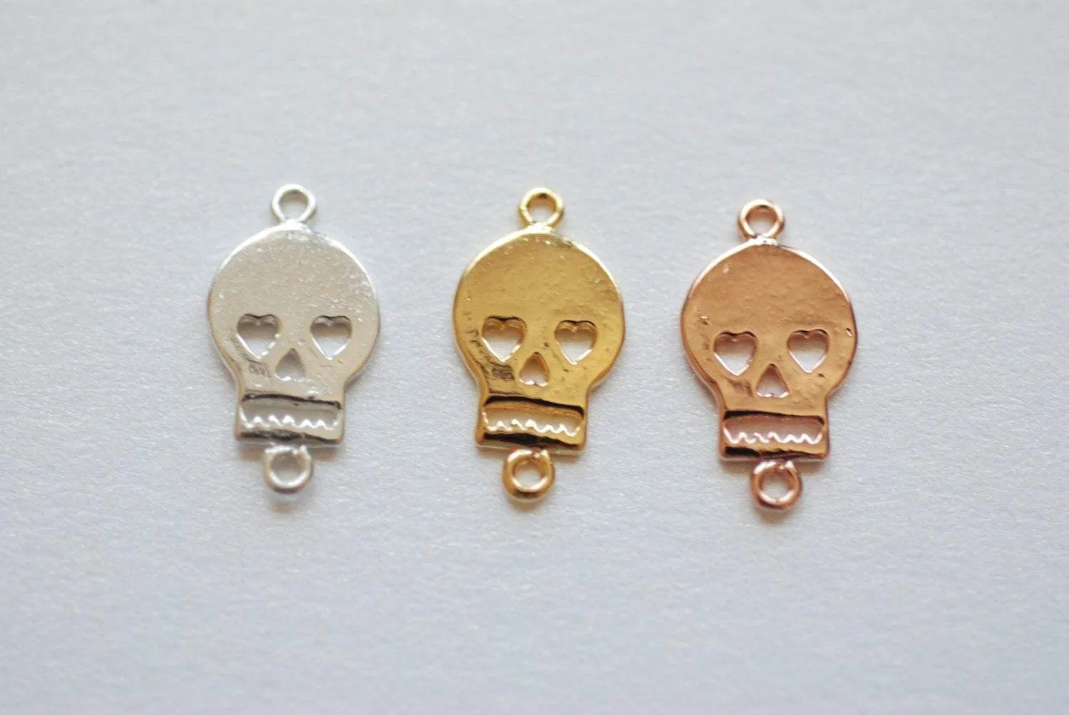 Vermeil Rose Gold Flat Skull Charm- 18k gold plated over Sterling Silver, Skull with Hearts Charm, Gold Skull Connector Link Spacer, 200