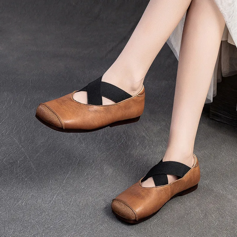 Women Retro Cross Strap Leather Casual Flats