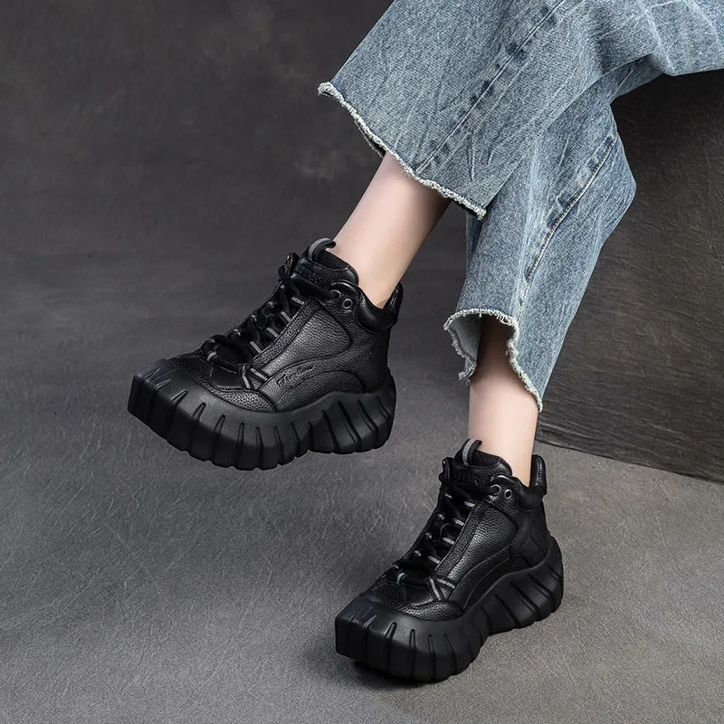 Women Vintage Leaether Winter Furred High Top Casual Shoes