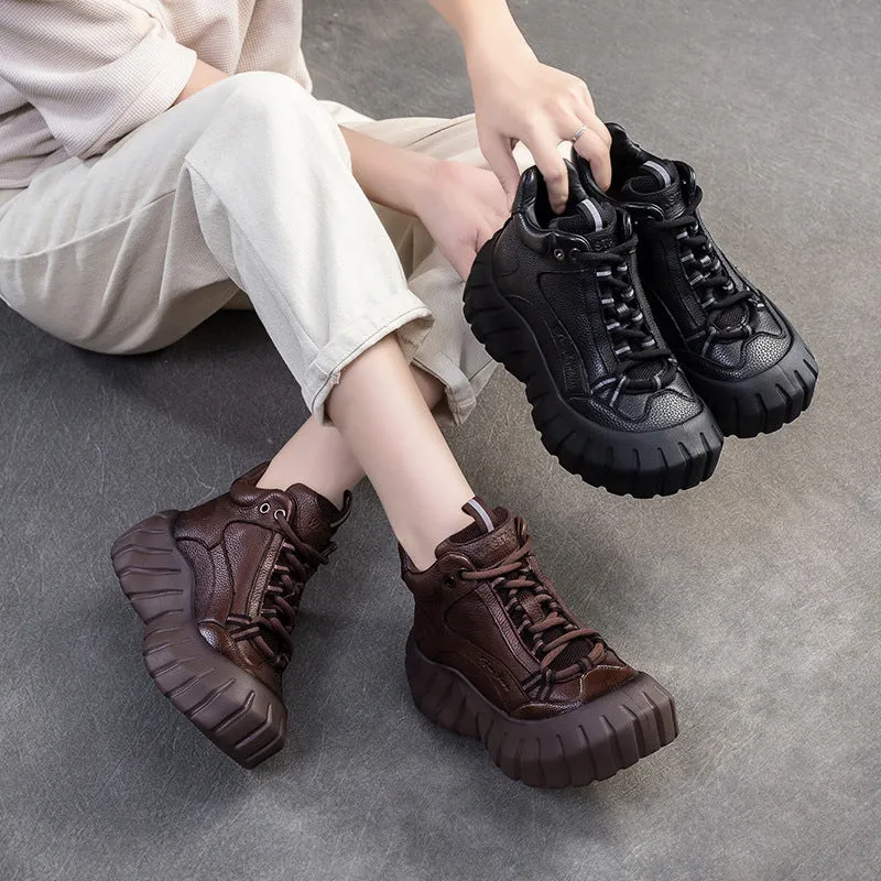 Women Vintage Leaether Winter Furred High Top Casual Shoes